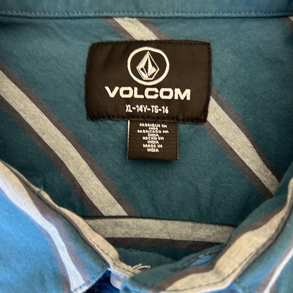 Boys XL Volcom teal blue with gray striped button up short sleeve shirt - Picture 3 of 5